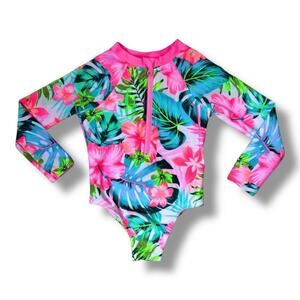 Wonder Nation Girls Swimsuit Size 2T One Piece Rashguard Neon Tropical Floral